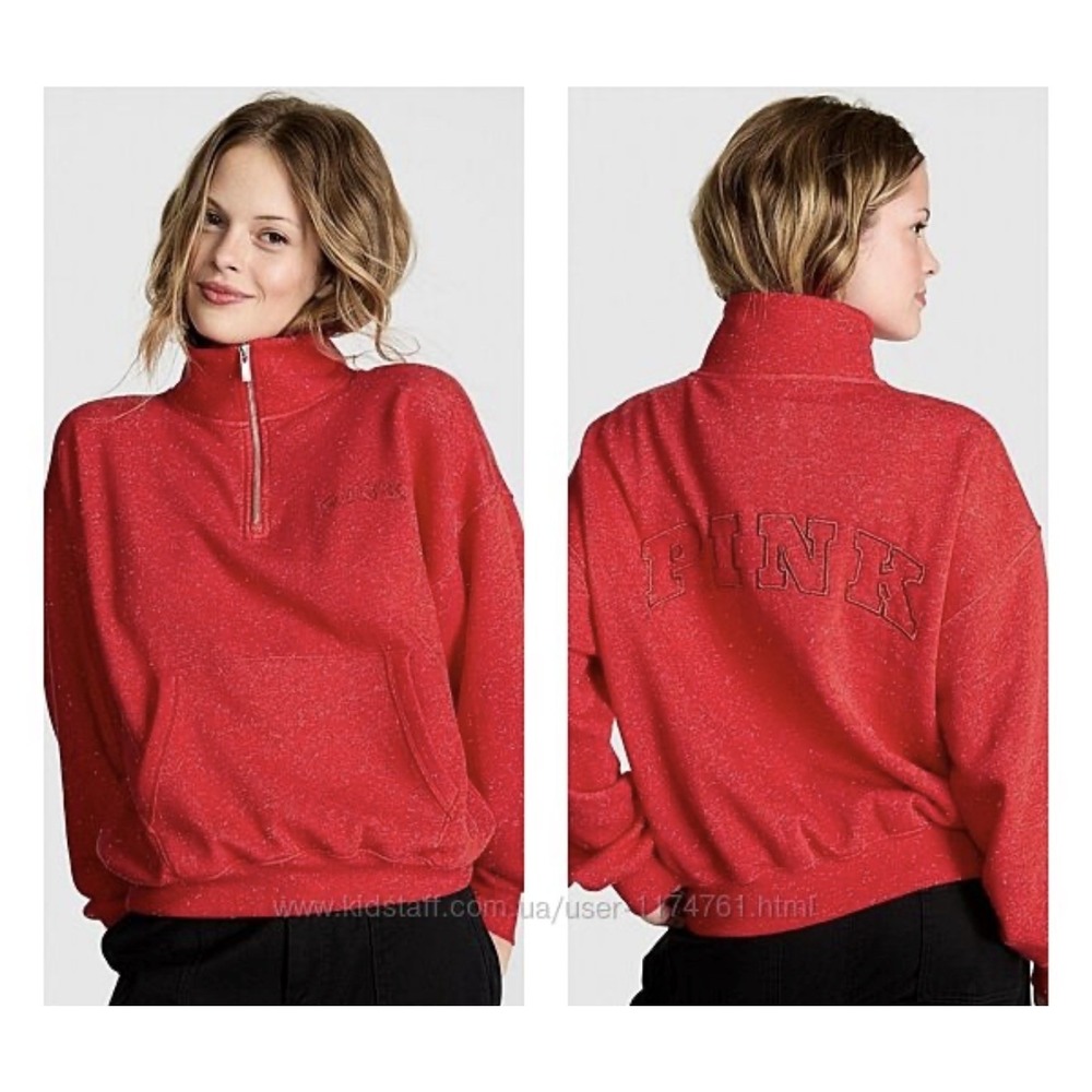PINK Victoria's Secret Red Fleece Quarter Zip Sweatshirt Love Pink S glitter